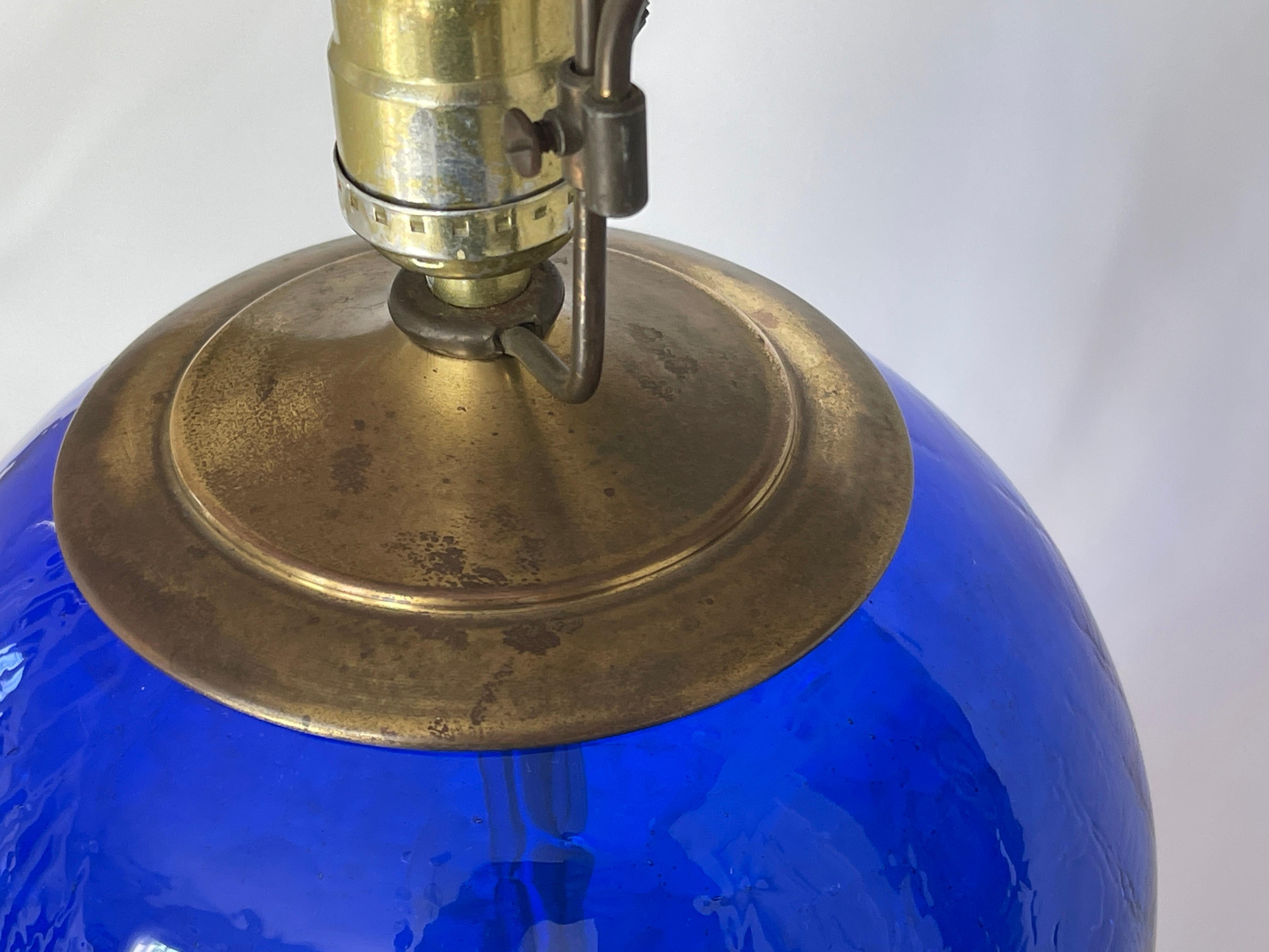 Blown Glass Blenko Signed Blue Crackled Glass Barrel Lamp For Sale