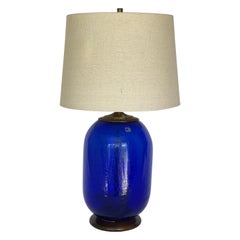 Blenko Signed Blue Crackled Glass Barrel Lamp