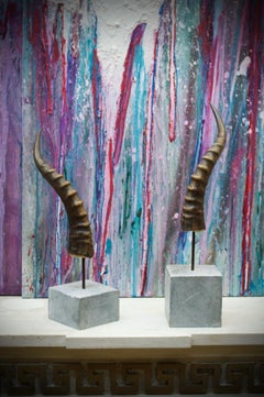 Pair of Blesbok Horn Sculpture Artist Mounted on Soapstone Bases