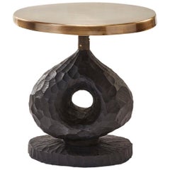 Blessing Hand-Carved Wood and Bronzed Steel Side Table by Egg Designs