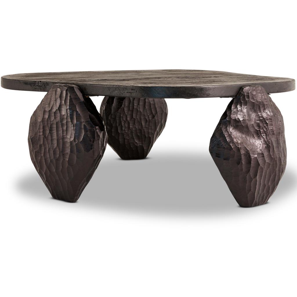 Moderne Table basse Blessing en bois dur ciselé à la main, ébénisé et Shou Sugi Ban  en vente
