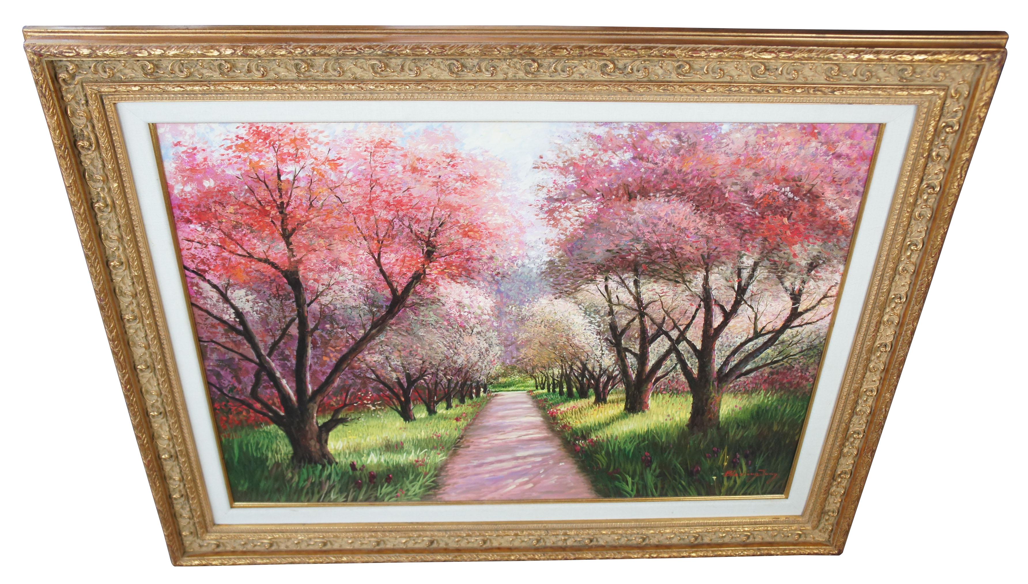 Blessing Jung signed oil landscape painting tree lined road purple pink 50