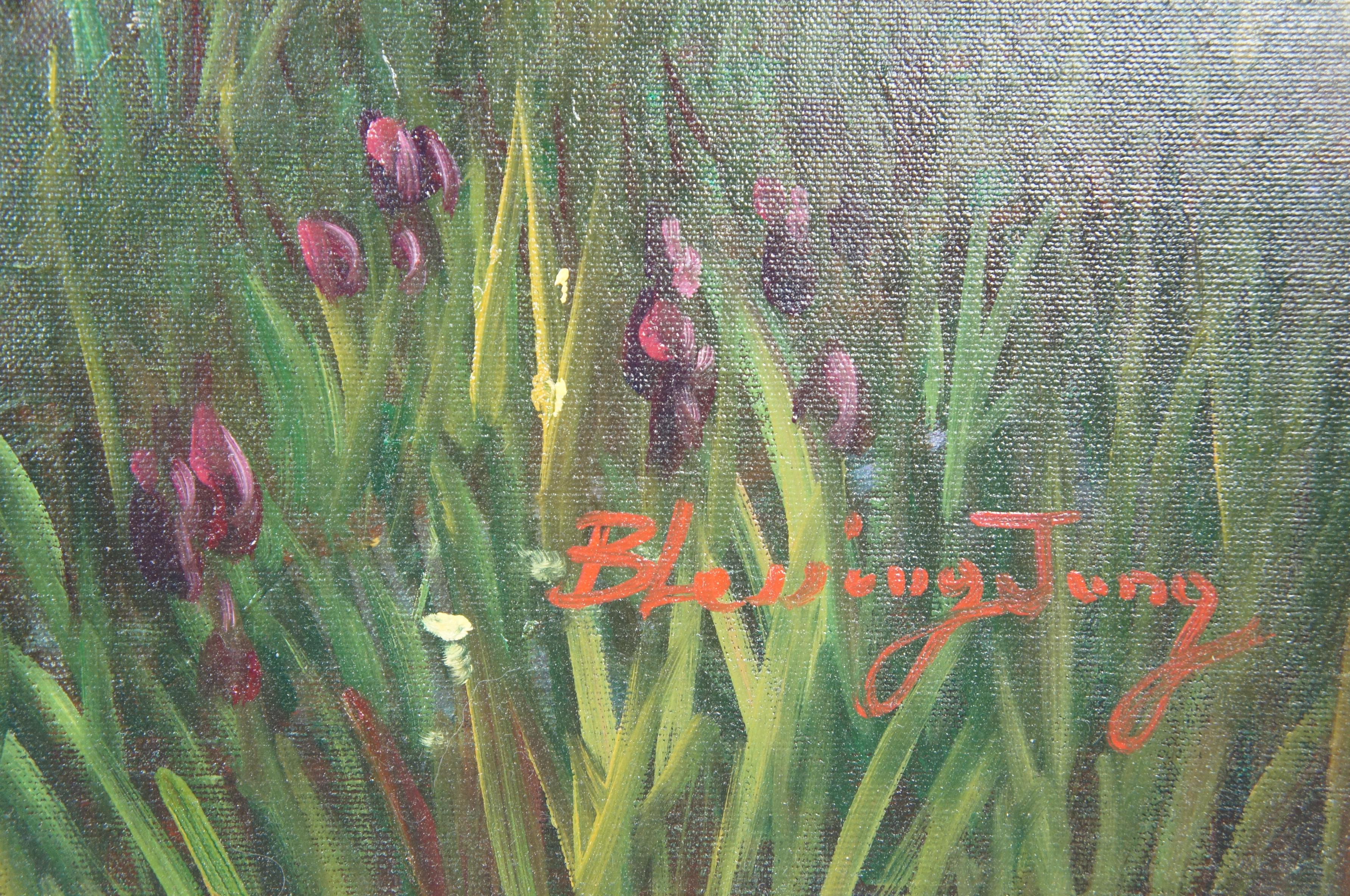 Blessing Jung Signed Oil Landscape Painting Tree Lined Road Purple Pink In Good Condition In Dayton, OH