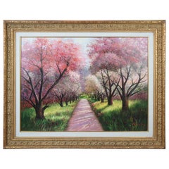 Blessing Jung Signed Oil Landscape Painting Tree Lined Road Purple Pink