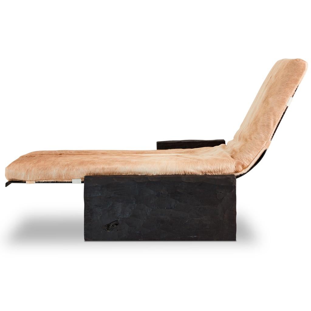 Contemporary Blessing Modern, Brutalist, Hand Carved Wood, Steel & Hair On Hide Daybed For Sale