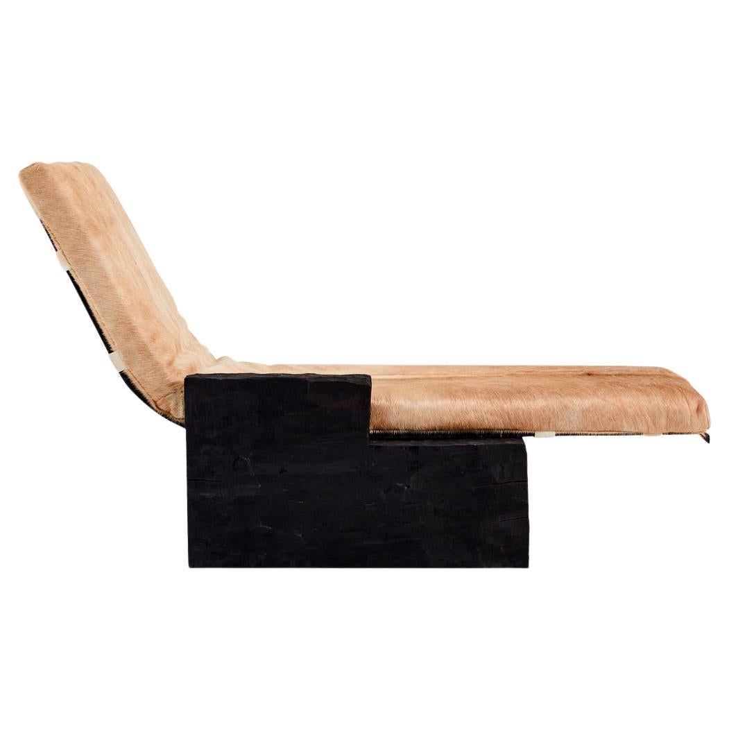 Blessing Modern, Brutalist, Hand Carved Wood, Steel & Hair On Hide Daybed For Sale