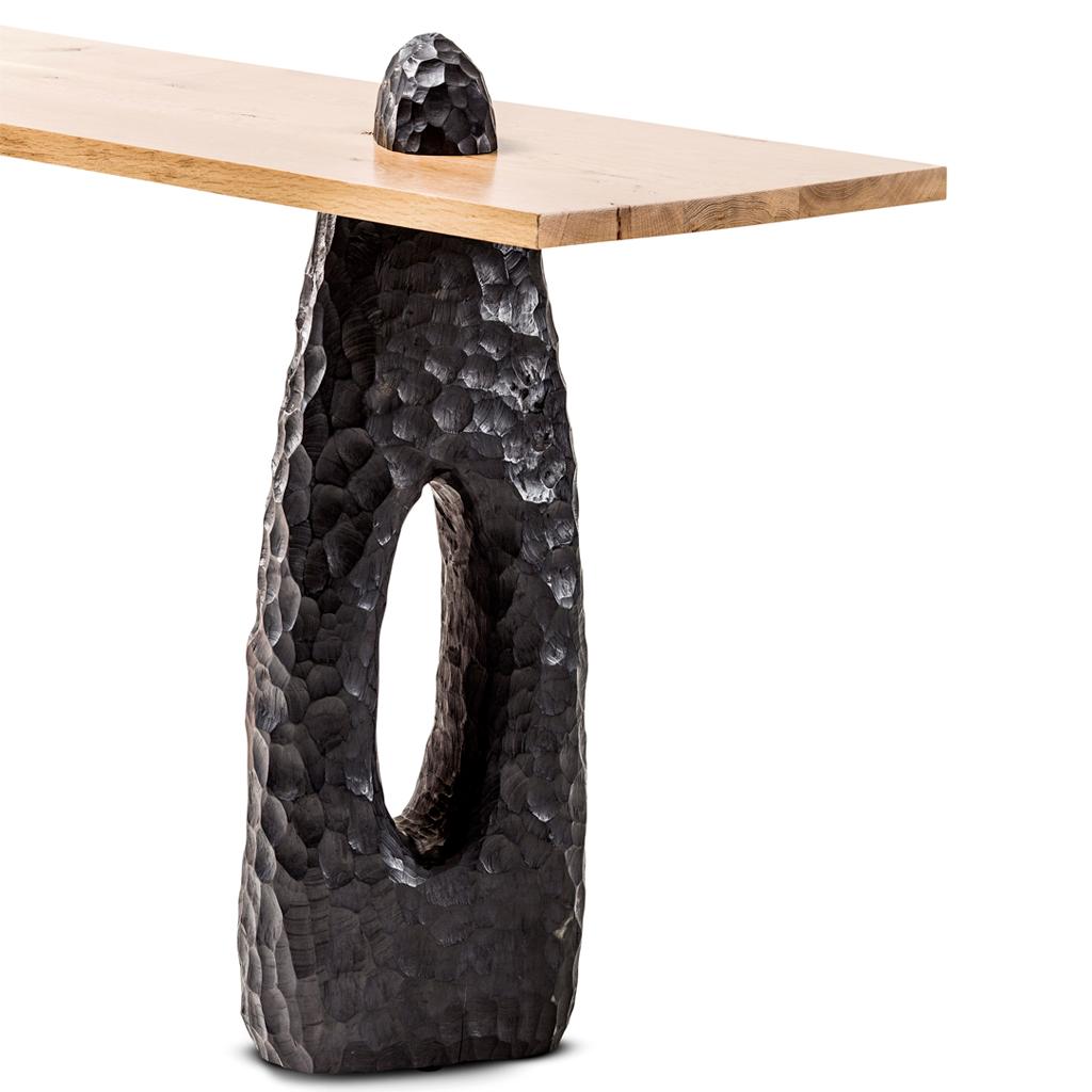 South African Blessing Modern Copper & Ebonized Hand Carved Wood & Oak Primal Console by Egg For Sale