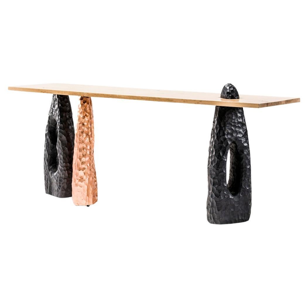 Blessing Modern Copper & Ebonized Hand Carved Wood & Oak Primal Console by Egg  For Sale