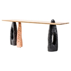 Blessing Modern Copper & Ebonized Hand Carved Wood & Oak Primal Console by Egg 