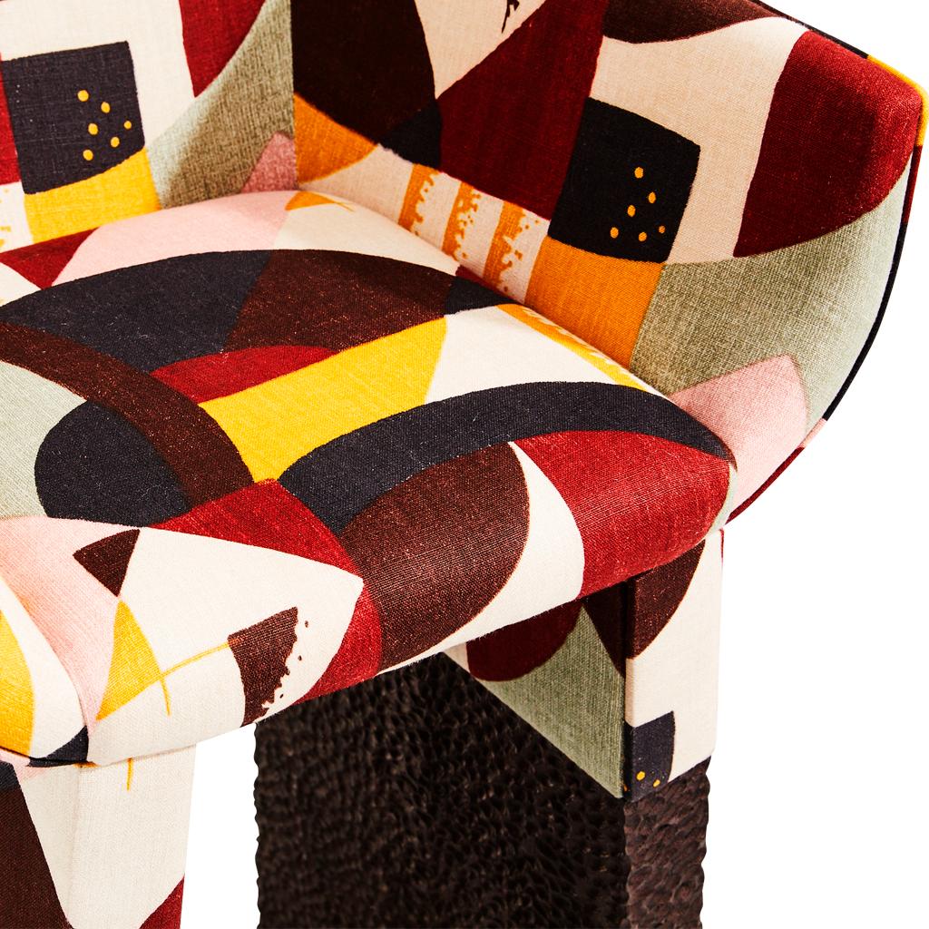 Blessing Modern Hand-Chiseled Ebonized Oak Upholstered Barstool by Egg Designs For Sale 2