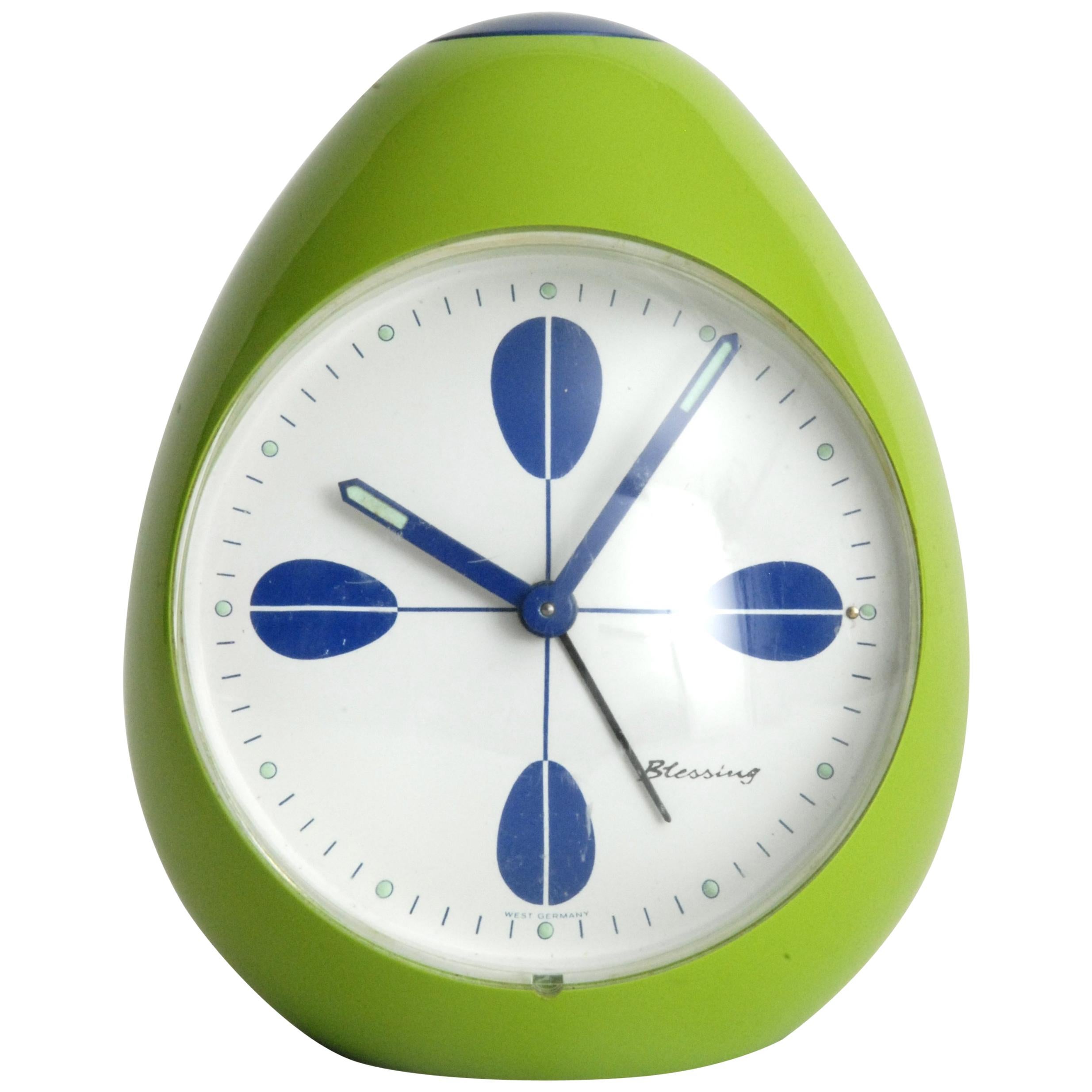 Blessing Pear Shape Clock West Germany Green and Blue Retro, circa 1968