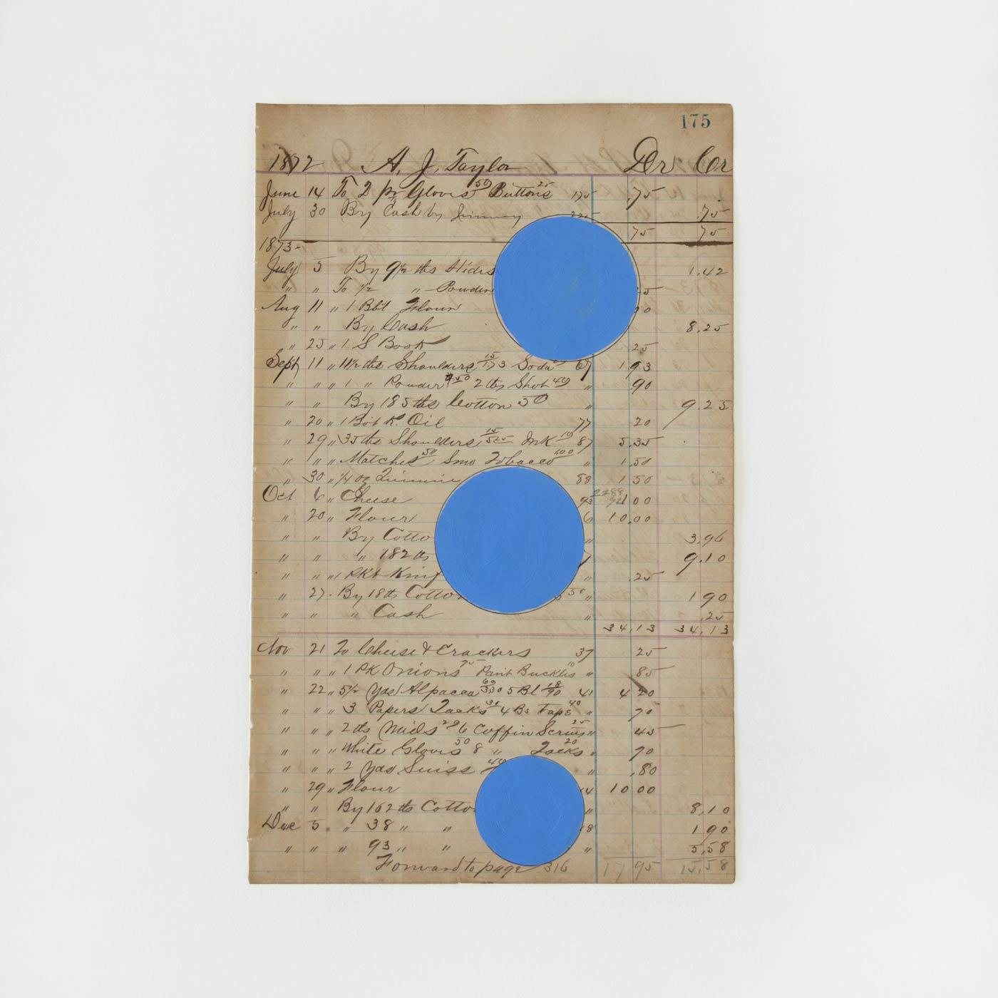 Schönes Acrylgemälde auf Papier aus dem Jahr 1800 von dem zeitgenössischen Künstler Afsoon Thayer. Abstraktes Muster in hellblauem Farbton auf einem Hauptbuch aus einem Geschäftsbuch aus England, 1800. Jedes Stück ist einzigartig und ein Unikat. Das
