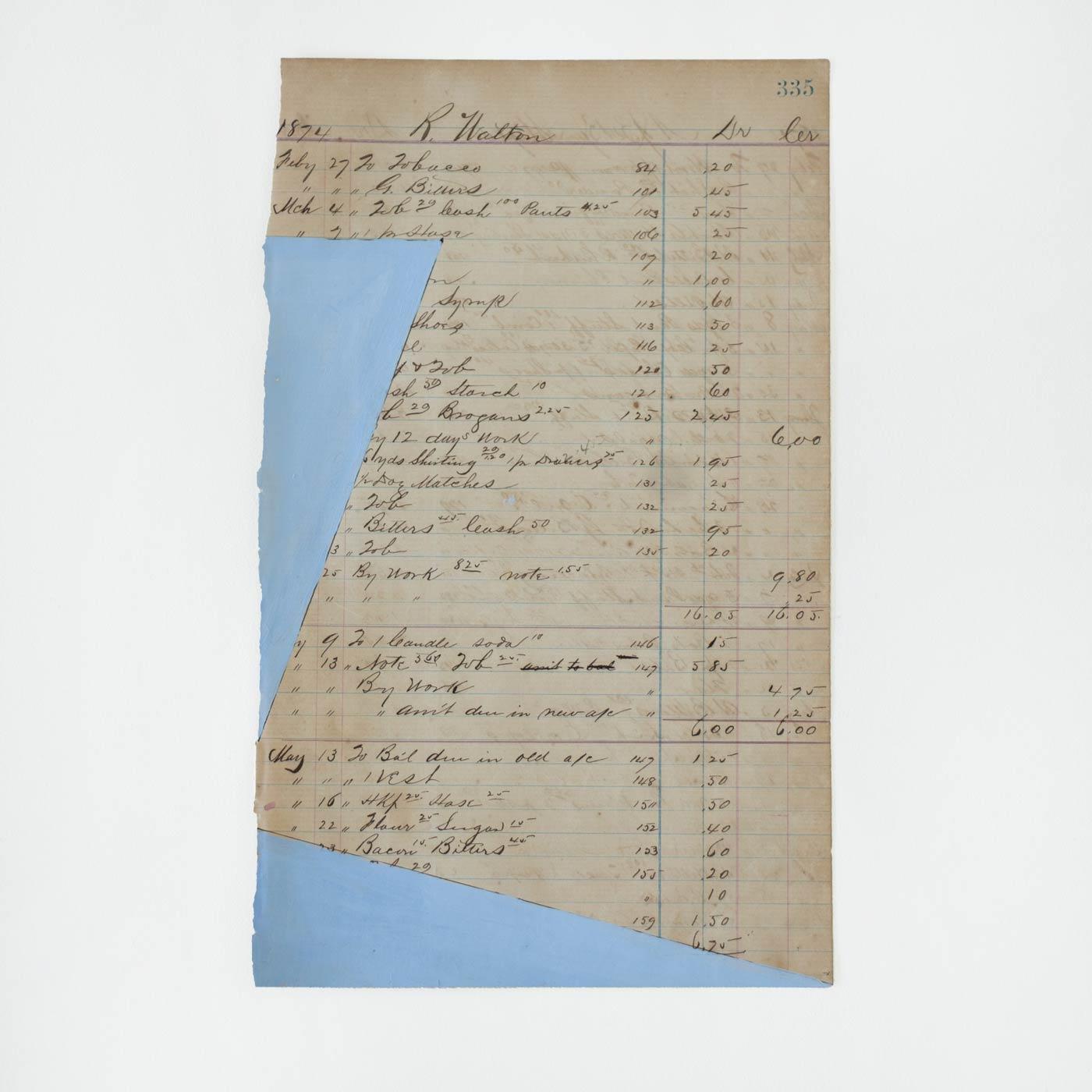 Schönes Acrylgemälde auf Papier aus dem Jahr 1800 von dem zeitgenössischen Künstler Afsoon Thayer. Abstraktes Muster in hellblauem Farbton auf einem Hauptbuch aus einem Geschäftsbuch aus England, 1800. Jedes Stück ist einzigartig und ein Unikat. Das