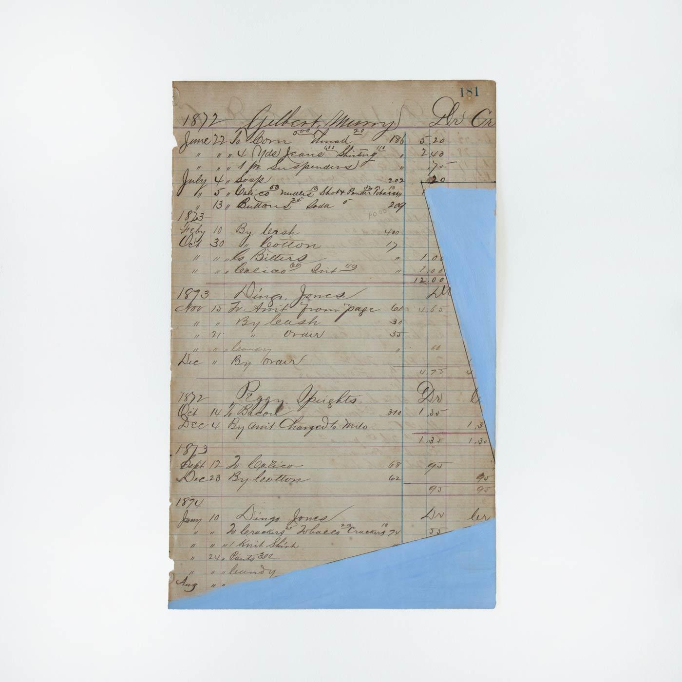 Bellissimo dipinto in acrilico su carta del 1800 dell'artista contemporaneo Afsoon Thayer. Disegno astratto dipinto in azzurro su un registro di un libro contabile di un negozio generale inglese del 1800. Ogni pezzo è unico e irripetibile.  Il pezzo