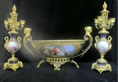 Bleu-de-Roi Three-Piece Gold Gilt Garniture Hand-Painted Center Bowl Candelabra