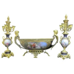 Antique Bleu-de-Roi Three-Piece Gold Gilt Garniture Hand-Painted Center Bowl Candelabra