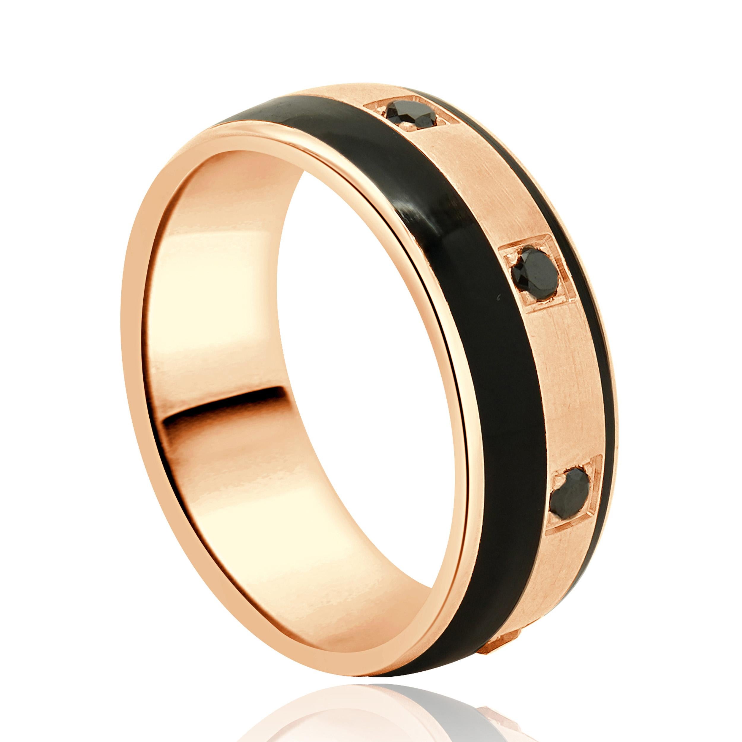 Taglio rotondo Anello Bleu Royal in oro rosa 14 carati con diamanti neri e carbonio a righe in vendita