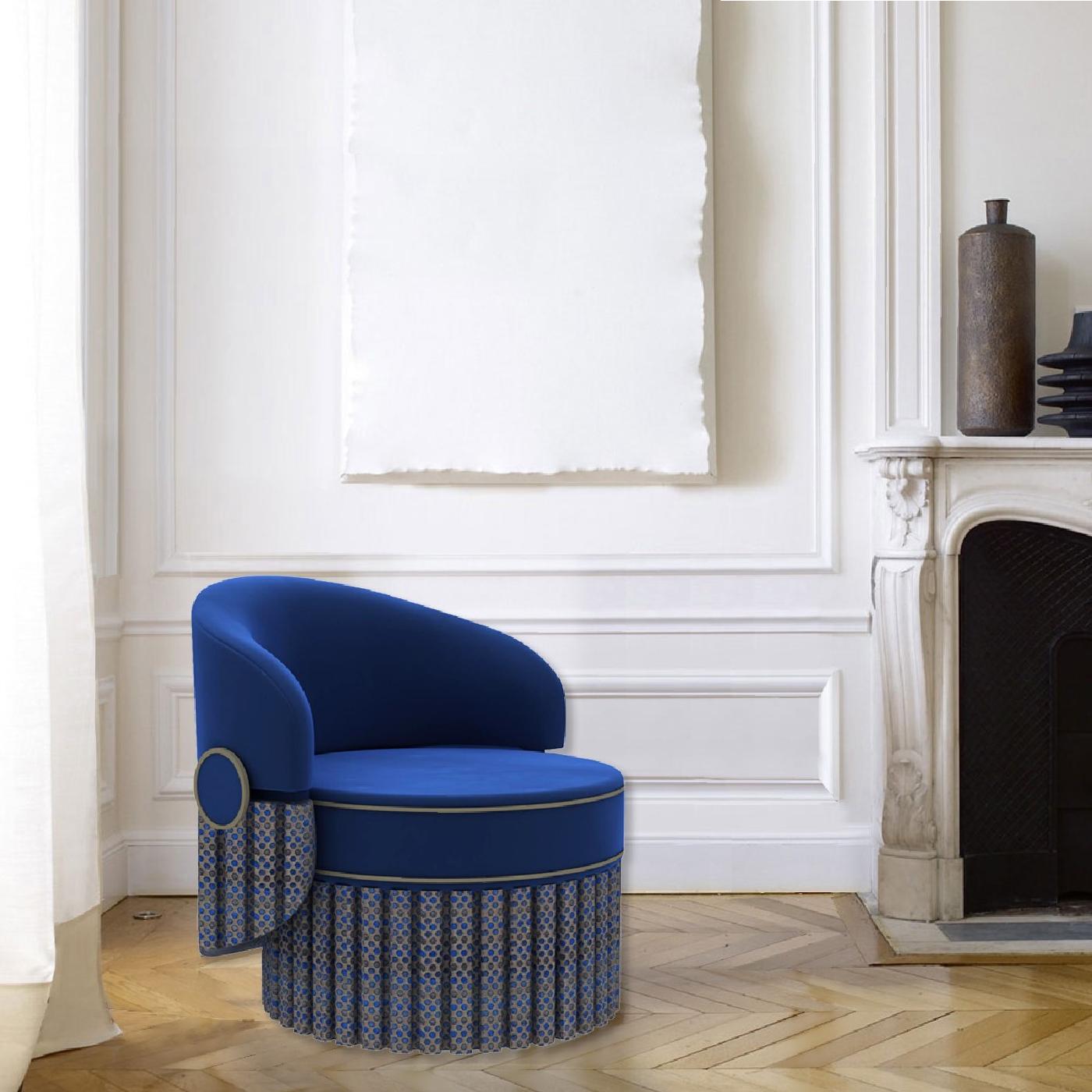 Modern Blue Velvet and Leather Armchair For Sale