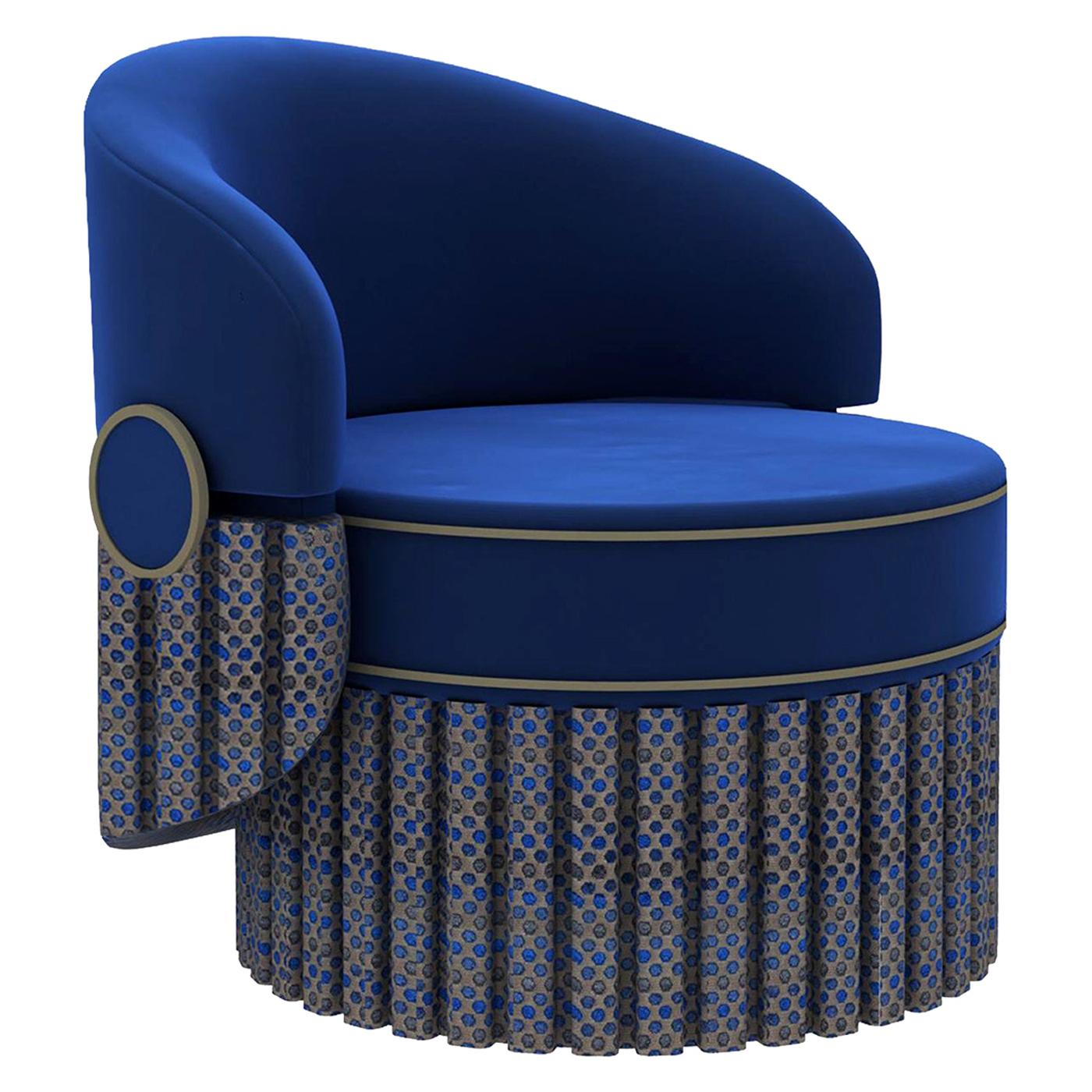 Blue Velvet and Leather Armchair For Sale
