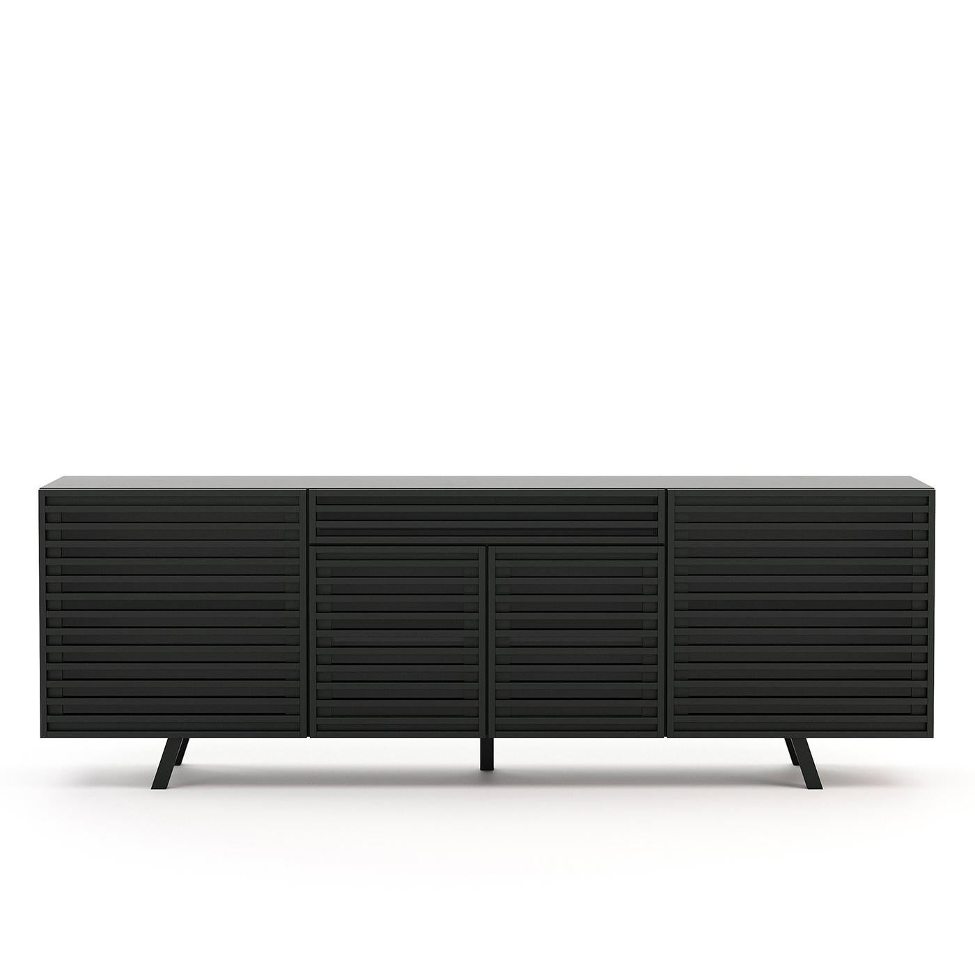 Sideboard blind black with structure in ash wood in black matte finish, 
with 4 doors, 4 shelves and 1 drawer under the top. with clear glass on
Each door's back. L 250 x D 50 x H 85cm, price: 6900,00€.
Also available in L 200 x D 50 x H 85cm,
