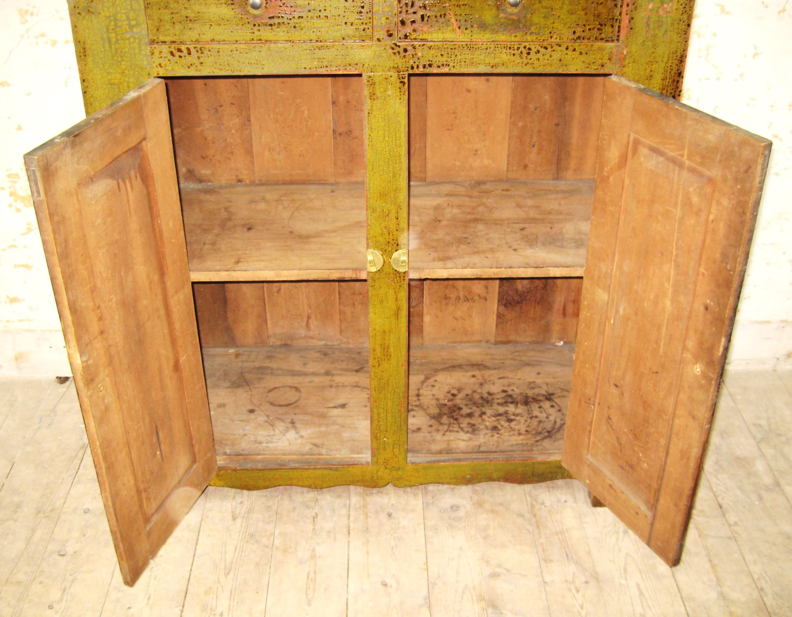 Mid-19th Century Blind Door 2 Draw Green Painted 1860s Cupboard For Sale