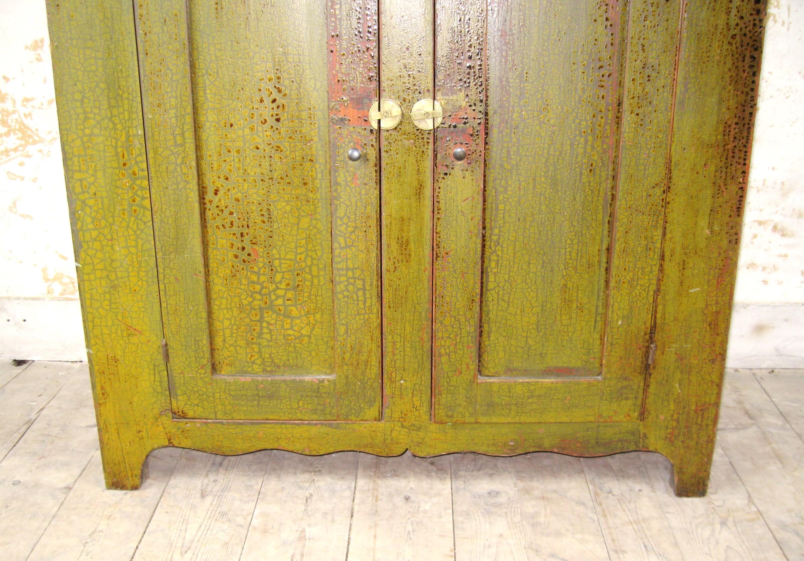 Hand-Crafted Blind Door 2 Draw Green Painted 1860s Cupboard For Sale