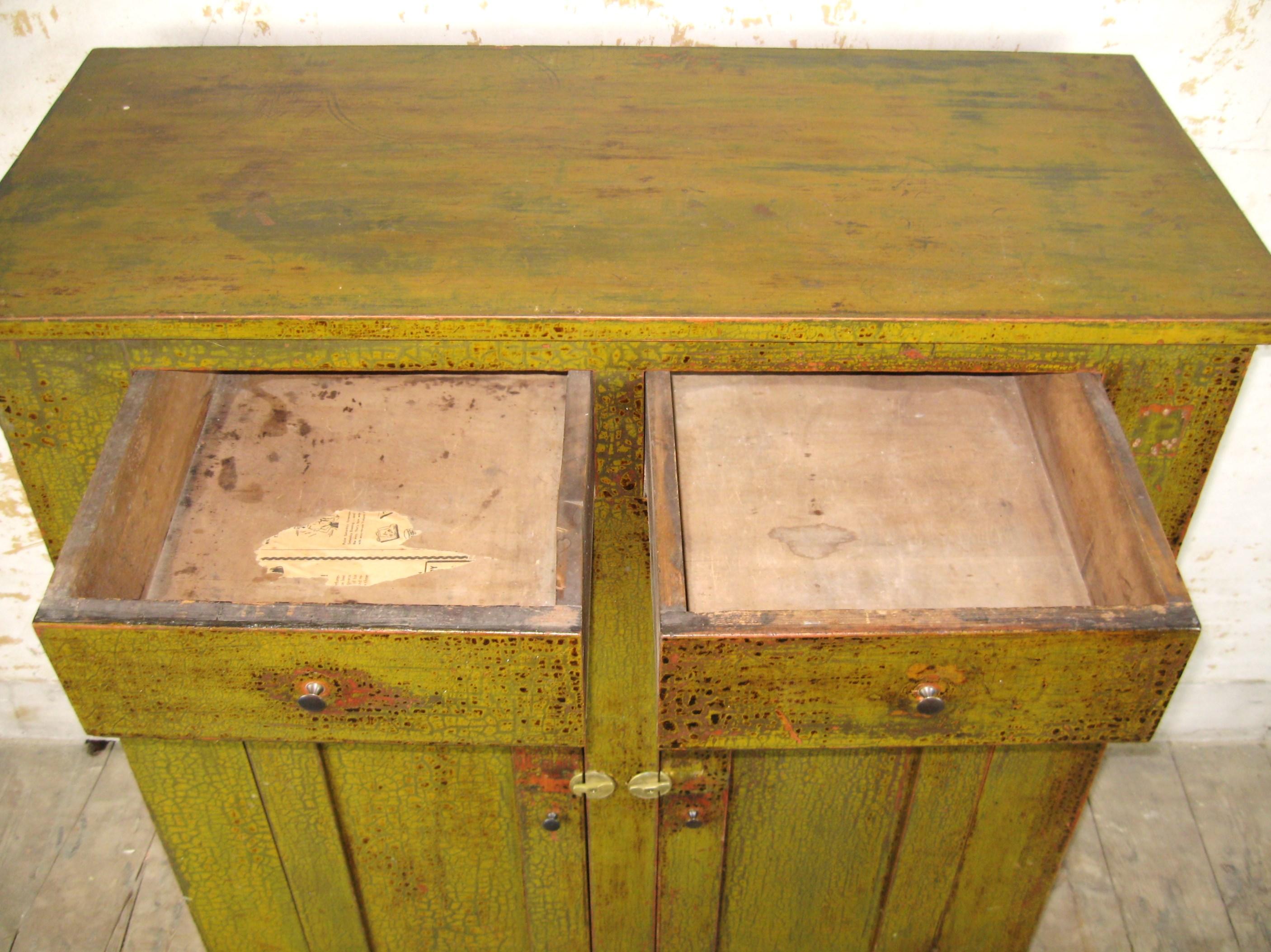 Blind Door 2 Draw Green Painted 1860s Cupboard In Good Condition For Sale In Wallkill, NY