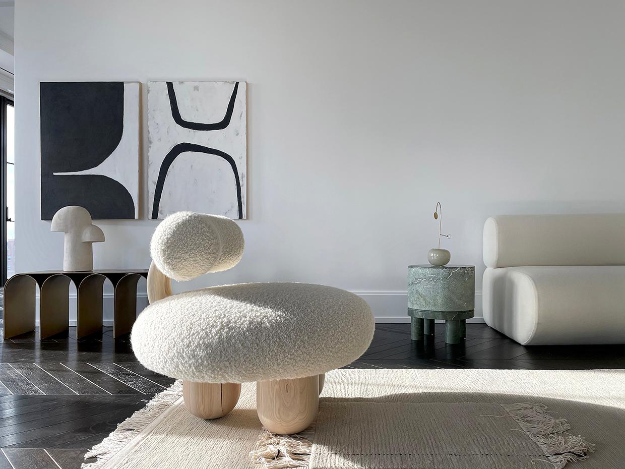 Bling bling chair by Pietro Franceschini
Sold exclusively by Galerie Philia
Manufacturer: Stefano Minotti
Dimensions: W 79 x H 75 cm
Materials: Lamb, ashwood
Available in Bouclé

Pietro Franceschini is an architect and designer based in New
