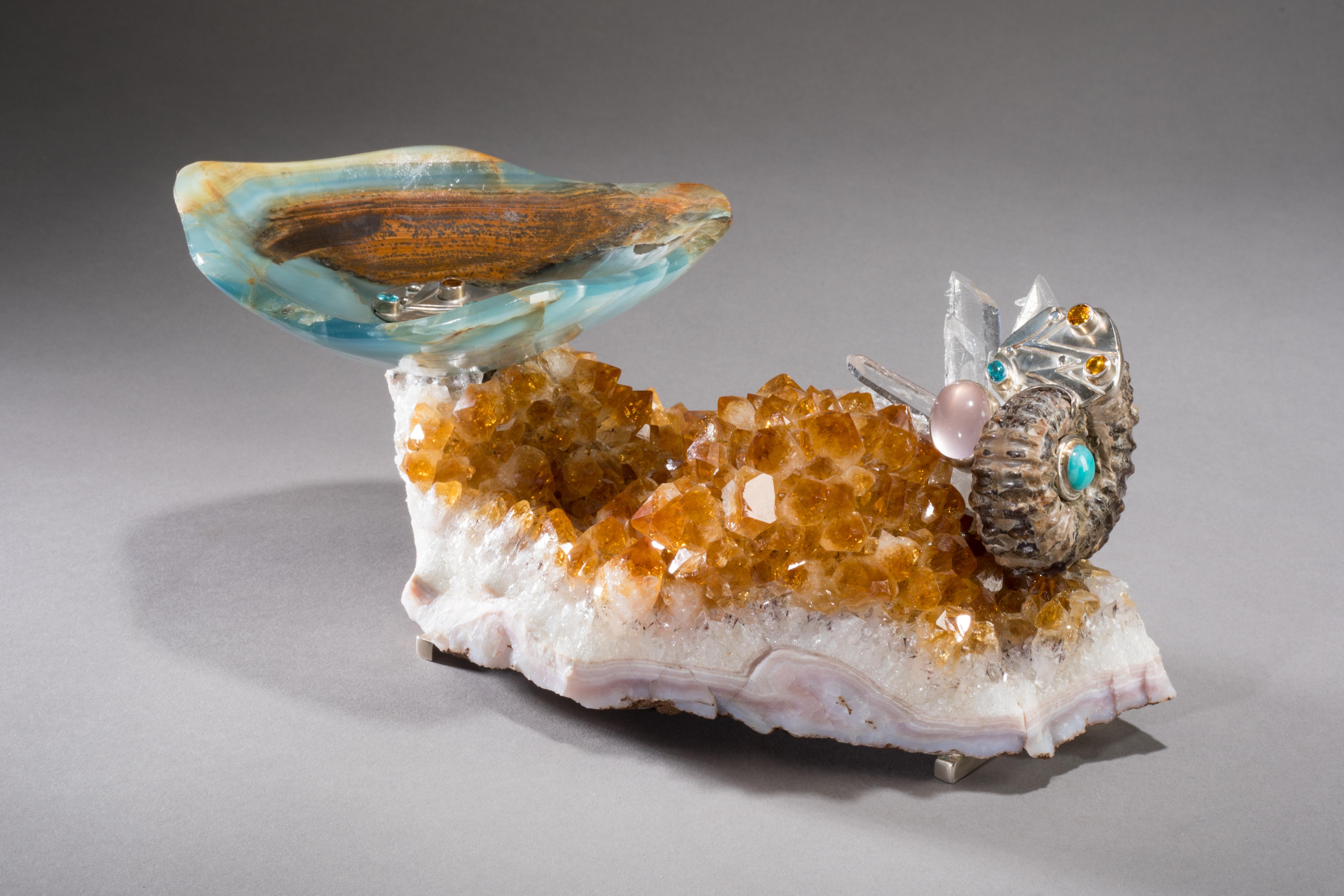 American Blue Calcite Bowl over a Citrine Base  For Sale