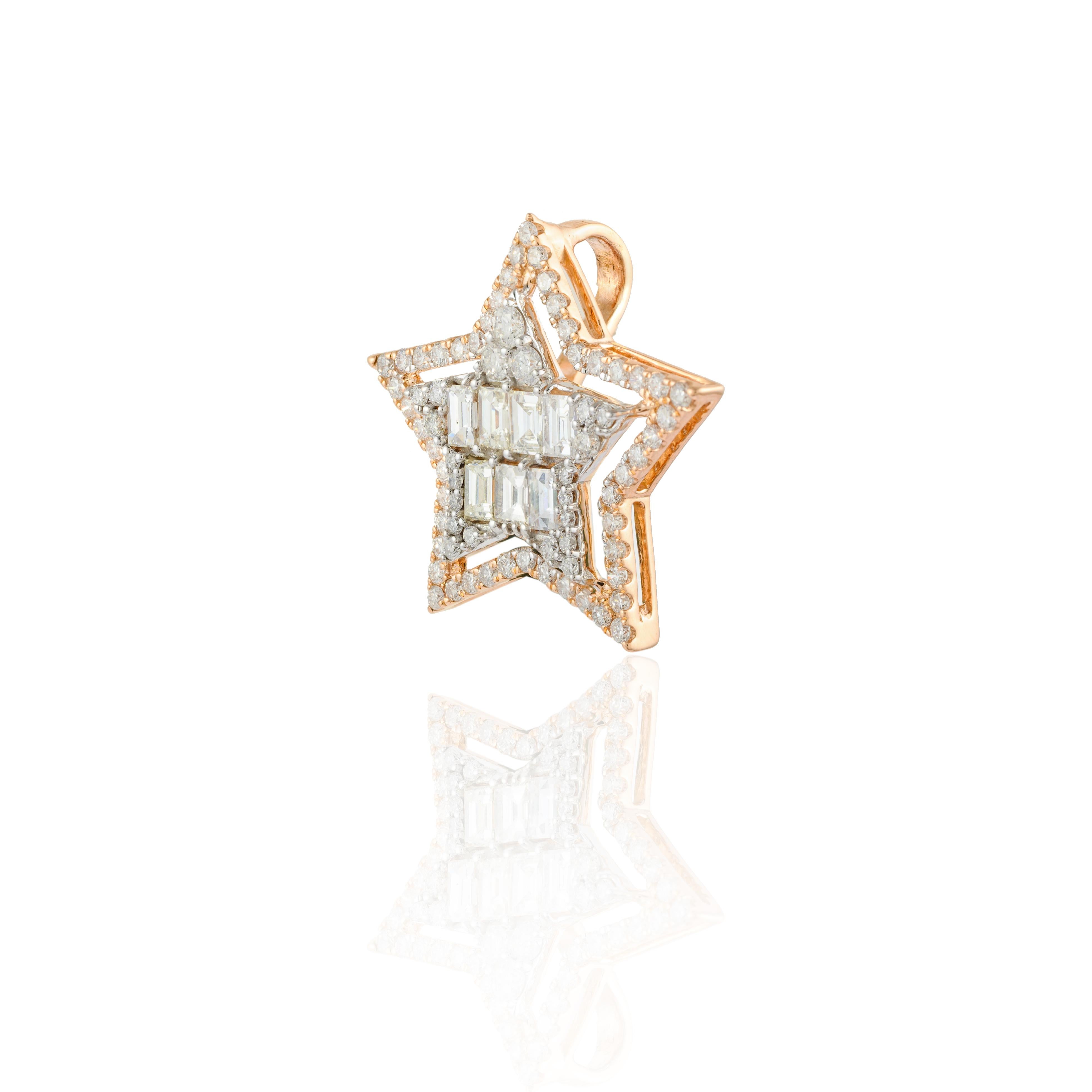 Diamond Star Pendant in 18K Gold with diamond studded in star shape gold.. This stunning piece of jewelry instantly elevates a casual look or dressy outfit. 
April birthstone diamond brings love, fame, success and prosperity.
Designed with mix cut