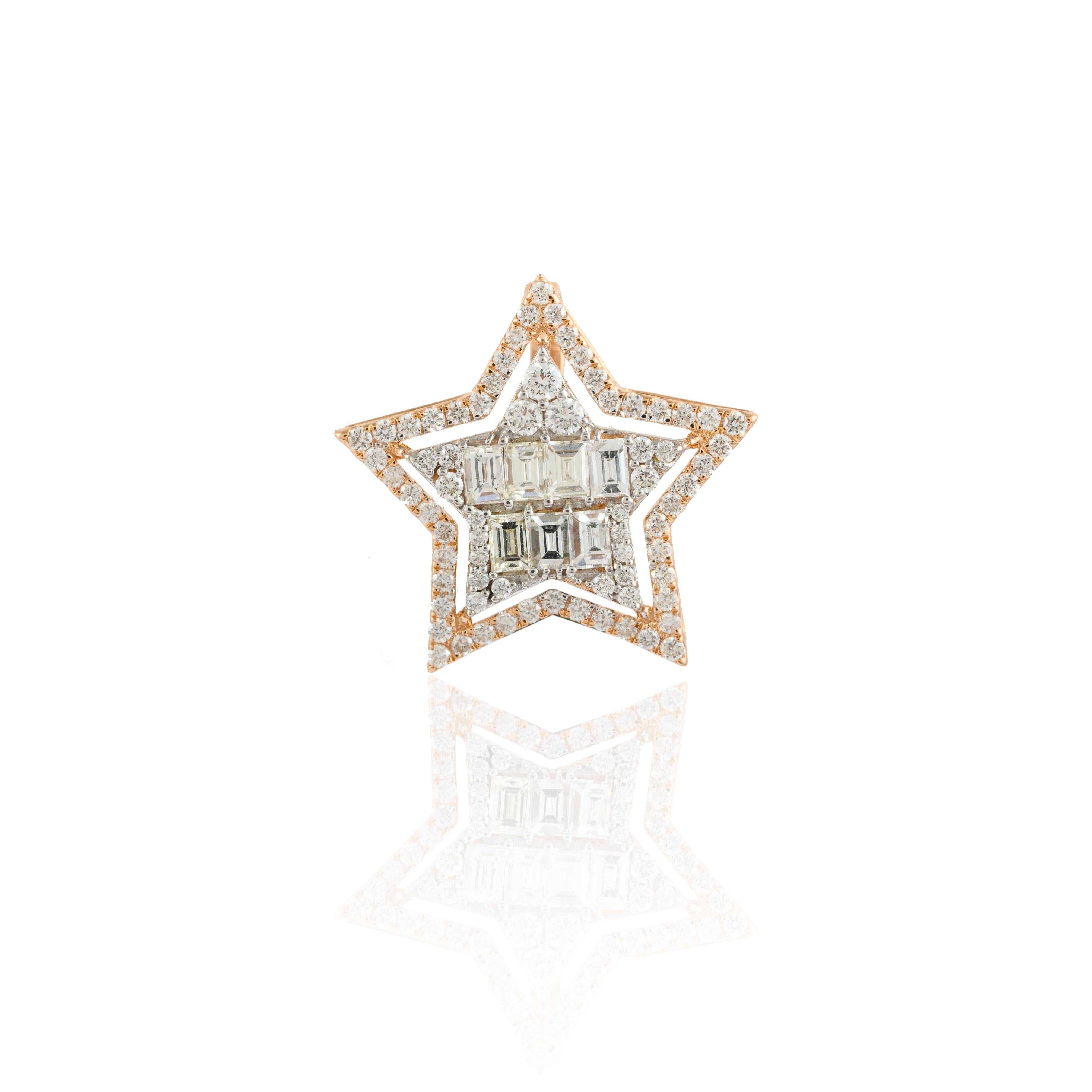 Modern Natural Diamond Star Pendant 18k Solid Rose Gold, Pendant Gift For Women For Sale