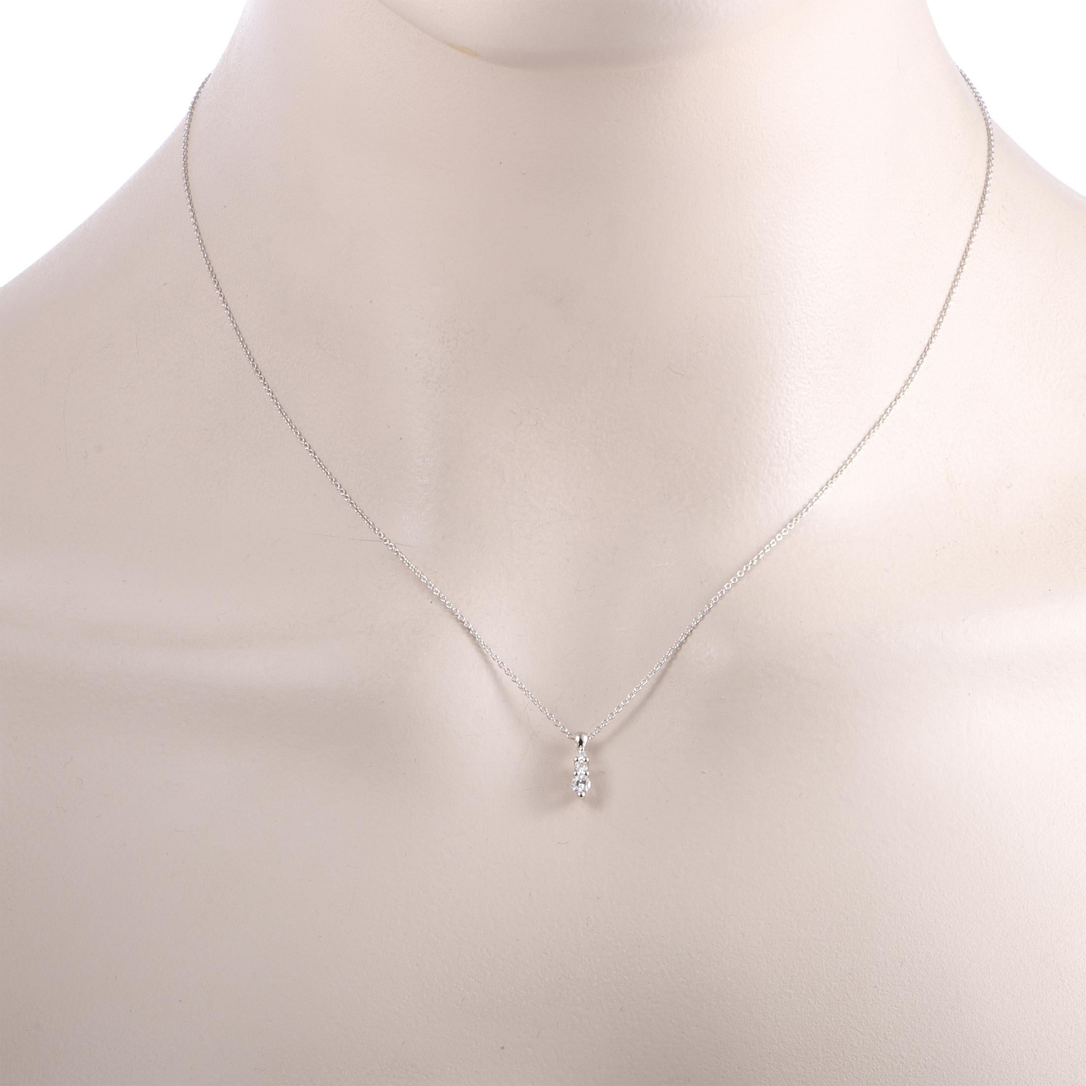 Offering a delightfully feminine appearance of understated elegance, this dainty Bliss necklace will add just the needed amount of alluring diamond brilliance to your look. Made of 18K white gold, the necklace boasts a gorgeous pendant set with 0.15