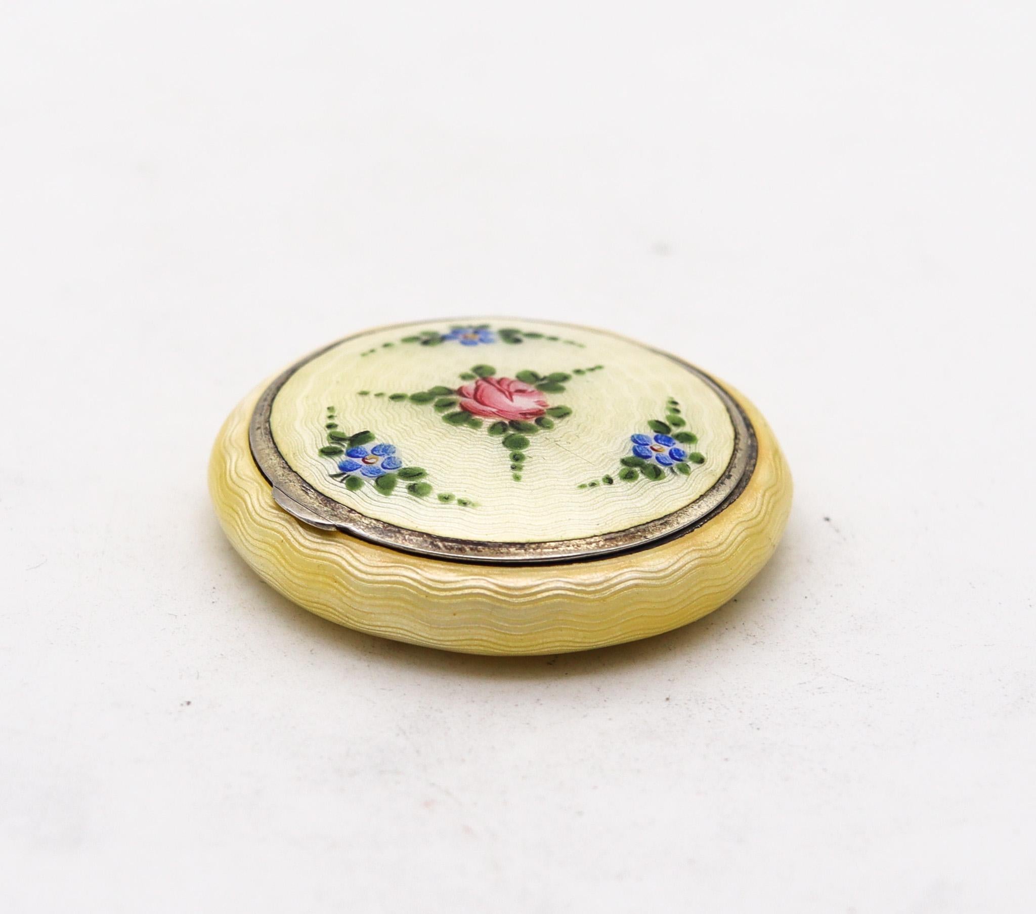 An art deco guilloche enamel box made by Bliss Brothers.

Beautiful enamel round box, created during the art deco period, back in the 1925. This beautiful antique piece was carefully crafted at the workshops of Bliss Brothers Company in solid