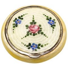 Antique Bliss Brothers 1925 Art Deco Guilloche Yellow Enamel Round Box In .925 Sterling