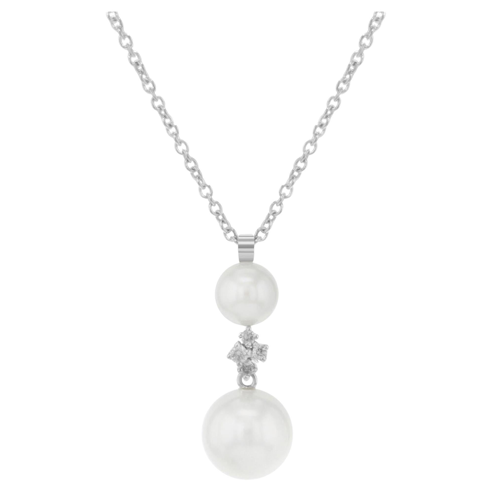 Bliss by Damiani Ribes Ext. Pearl Diamond Pendant Necklace 18k White Gold 0.04Ct For Sale