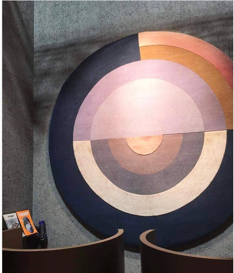 Bliss rug designed by Mae Engelgeer. 

Himalayan wool, cotton weave and pure silk. 
Quality A+ (152,000 knots/sqm approx.)

Standard size is 250cm diameter (8'2