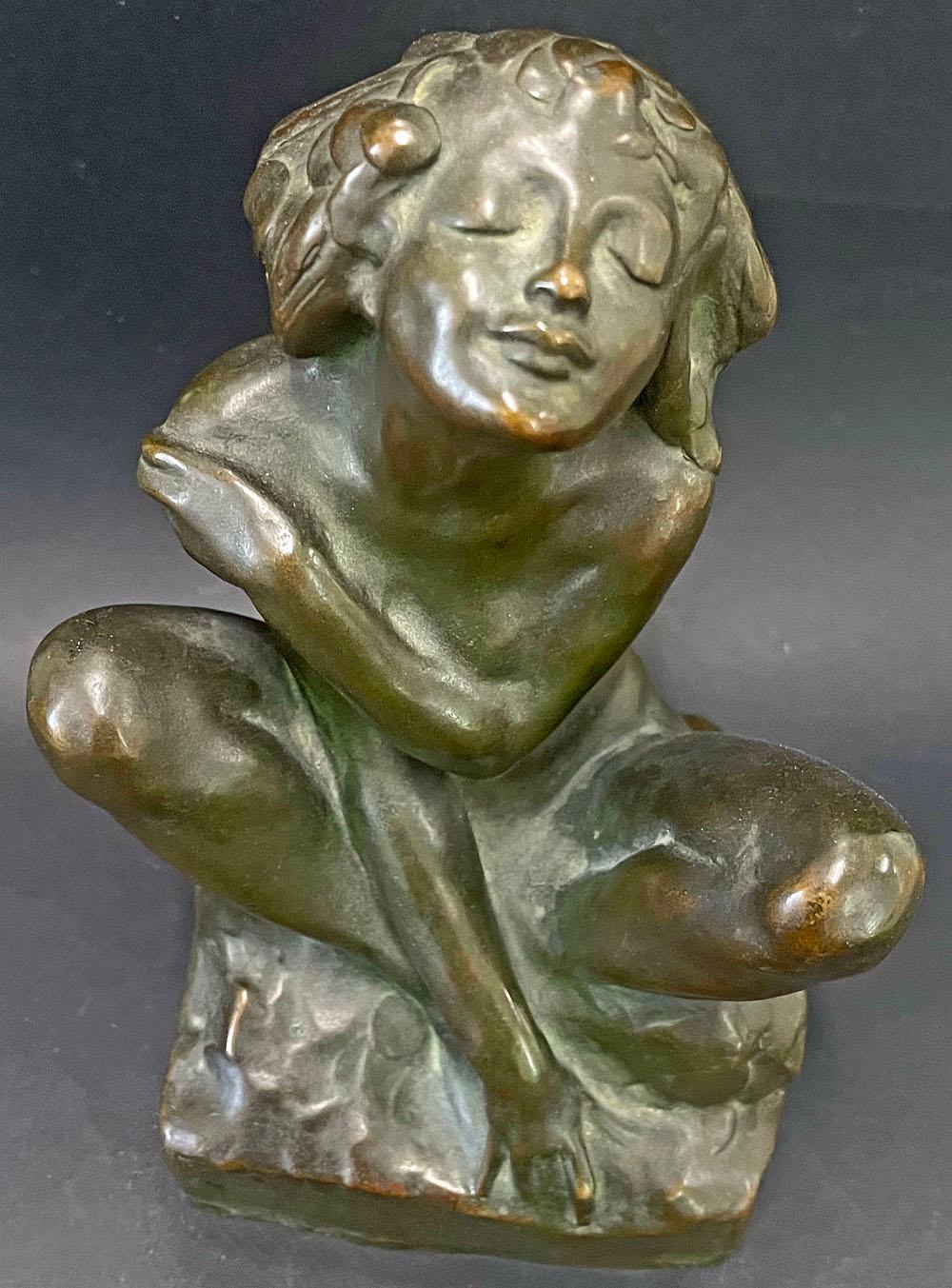 A beautiful and sublime personification of contentment and bliss, this bronze was sculpted by John Gregory -- who later executed 9 large bas relief panels for the Folger Shakespeare Library in Washington, D.C. -- when he was only 28 years old.