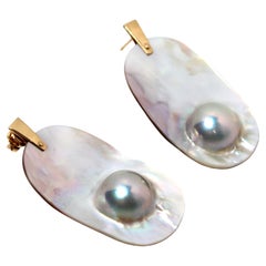 Blister Mother of Pearl & Dark Shell 14k Gold Earrings circa 1970s