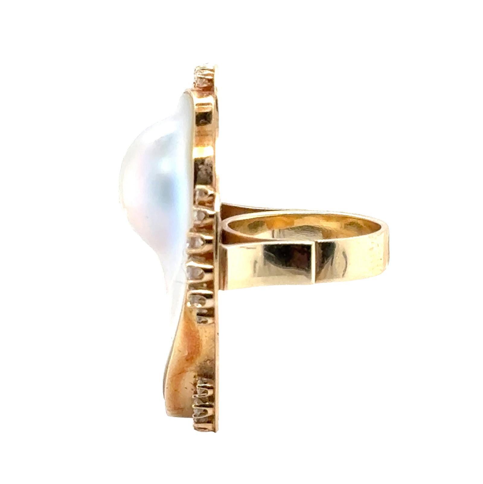 Women's Blister Pearl Diamond 14 Karat Yellow Gold Elongated Cocktail Ring For Sale