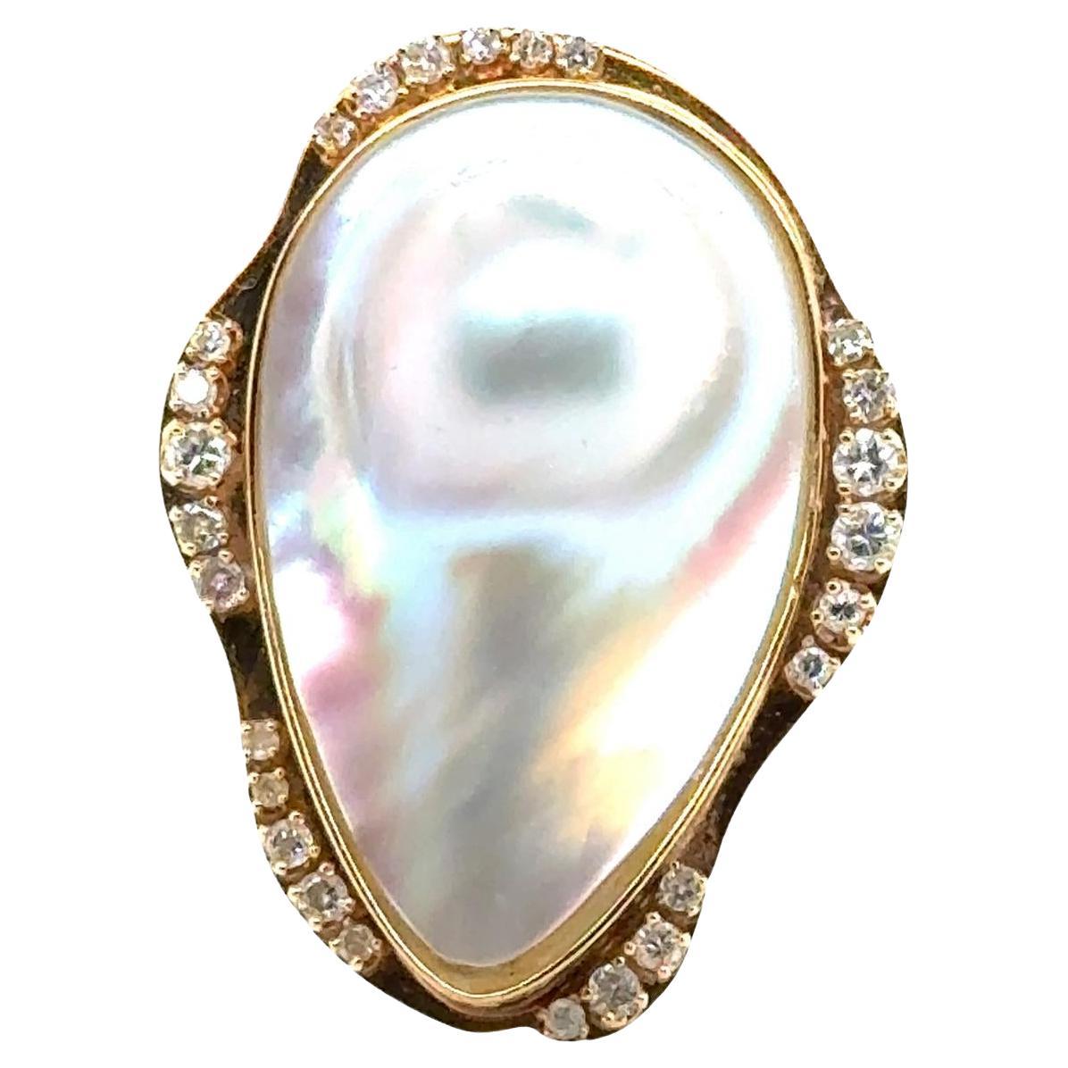 Blister Pearl Diamond 14 Karat Yellow Gold Elongated Cocktail Ring For Sale