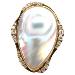 Vintage Blister Pearl Diamond 14 Karat Yellow Gold Elongated Cocktail Ring