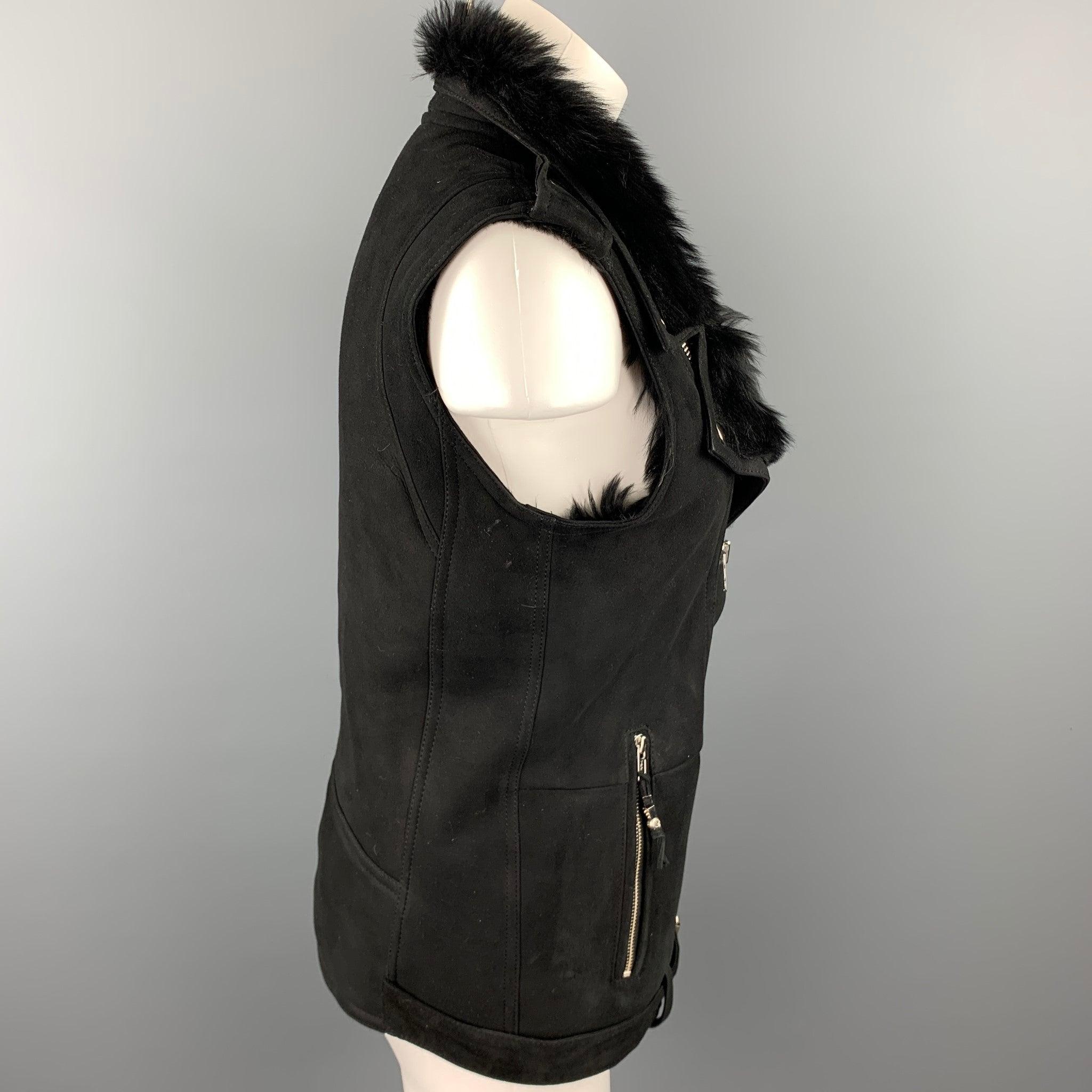 BLK DNM Size S Black Shearling Zip Up Belted Biker Vest In Good Condition In San Francisco, CA