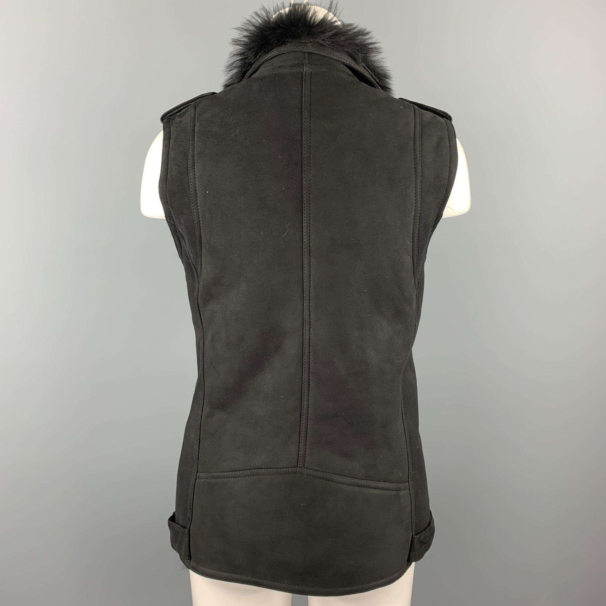 Men's BLK DNM Size S Black Shearling Zip Up Belted Biker Vest