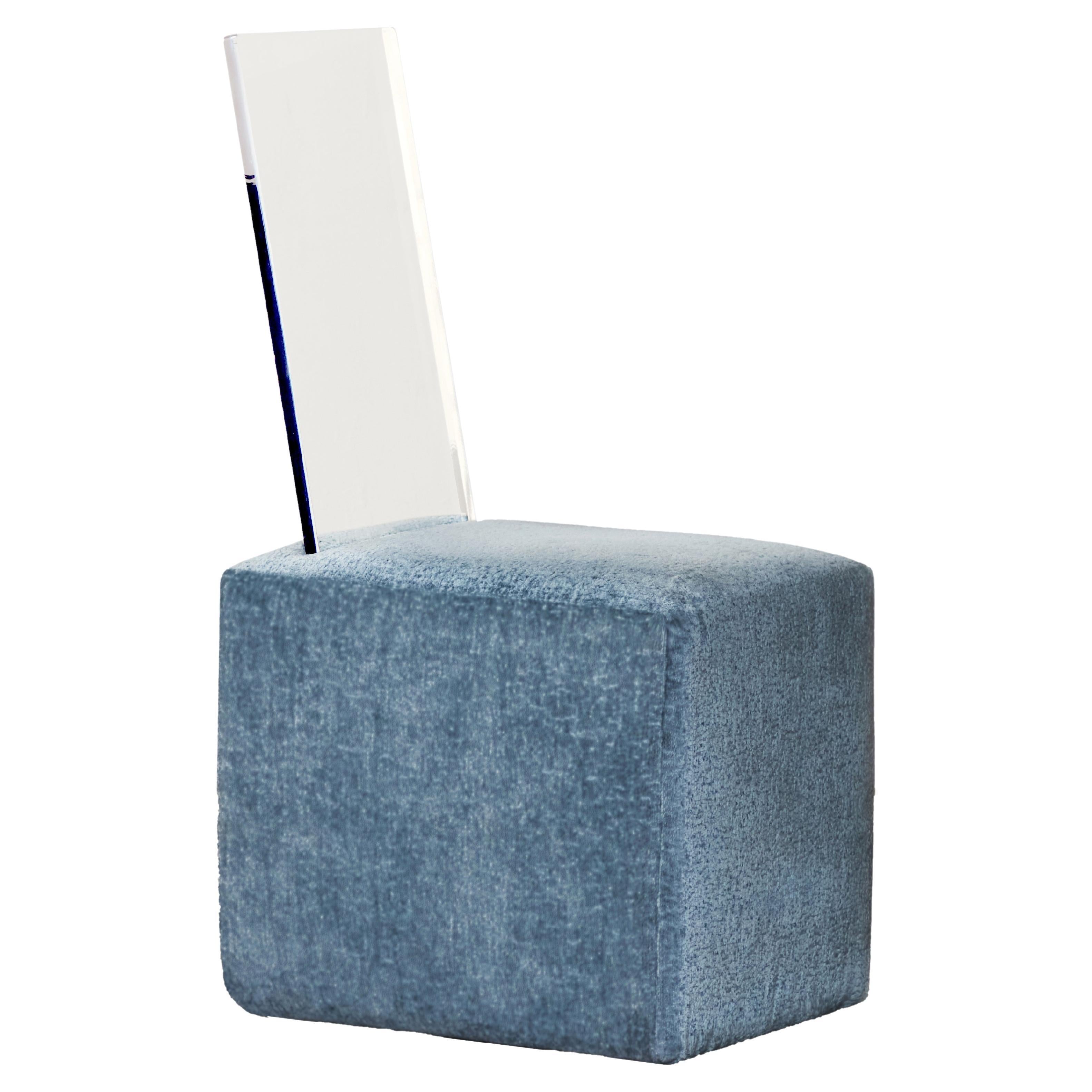 BLOC Cube Sky Blue Textured Upholstered Lucite Chair by Caroline Chao