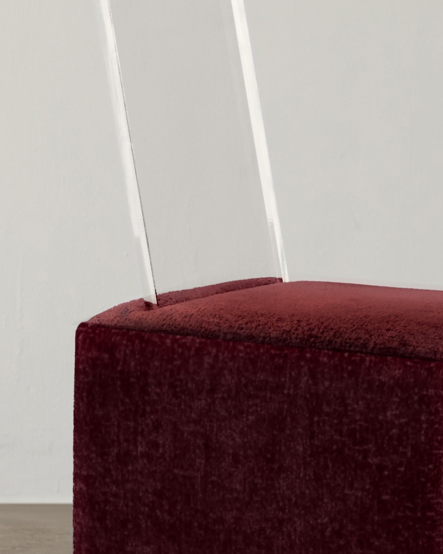 Modern BLOC Cube Upholstered Lucite Chair in Burgundy by Caroline Chao For Sale