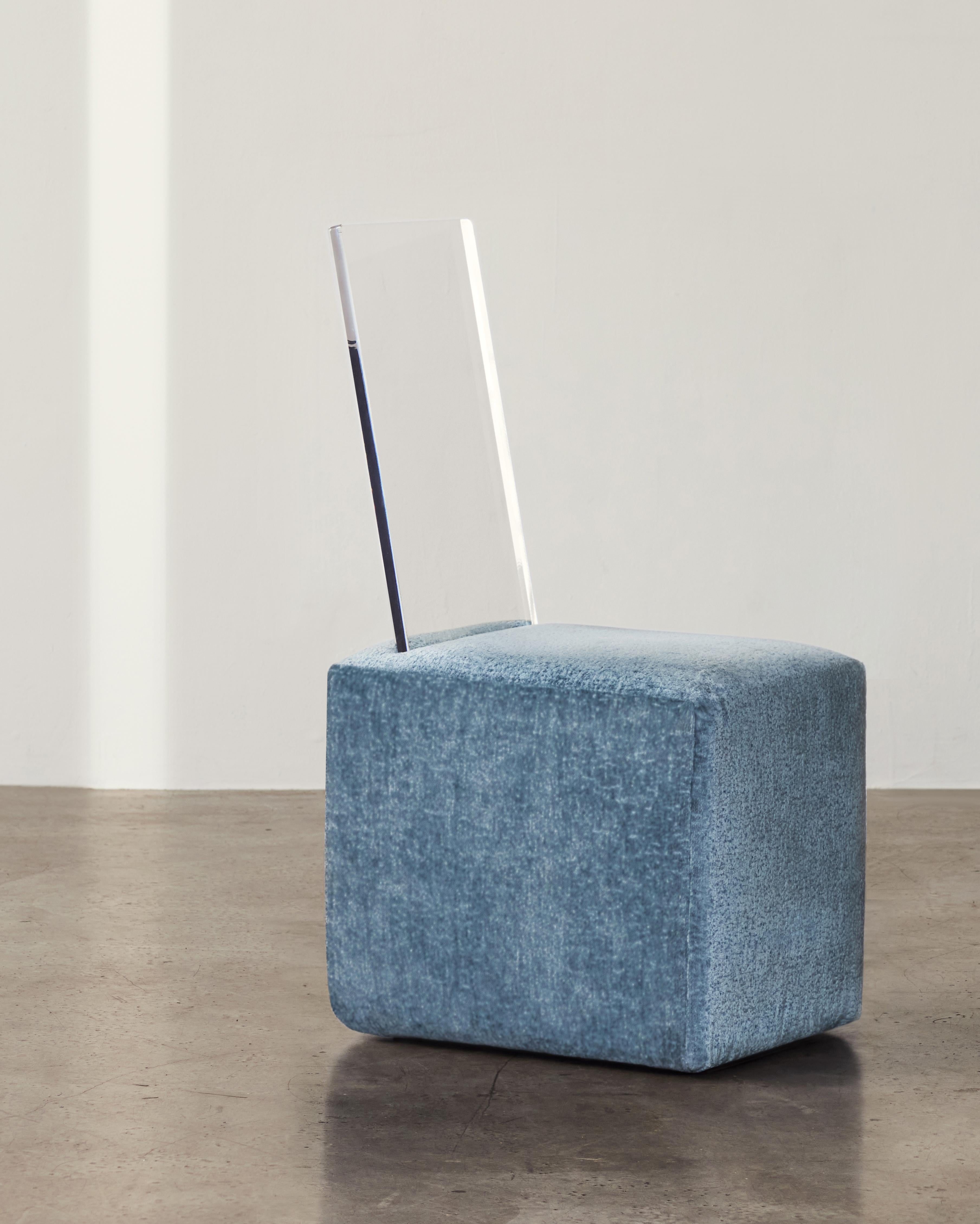 Polished BLOC Cube Upholstered Lucite Chair in Burgundy by Caroline Chao For Sale