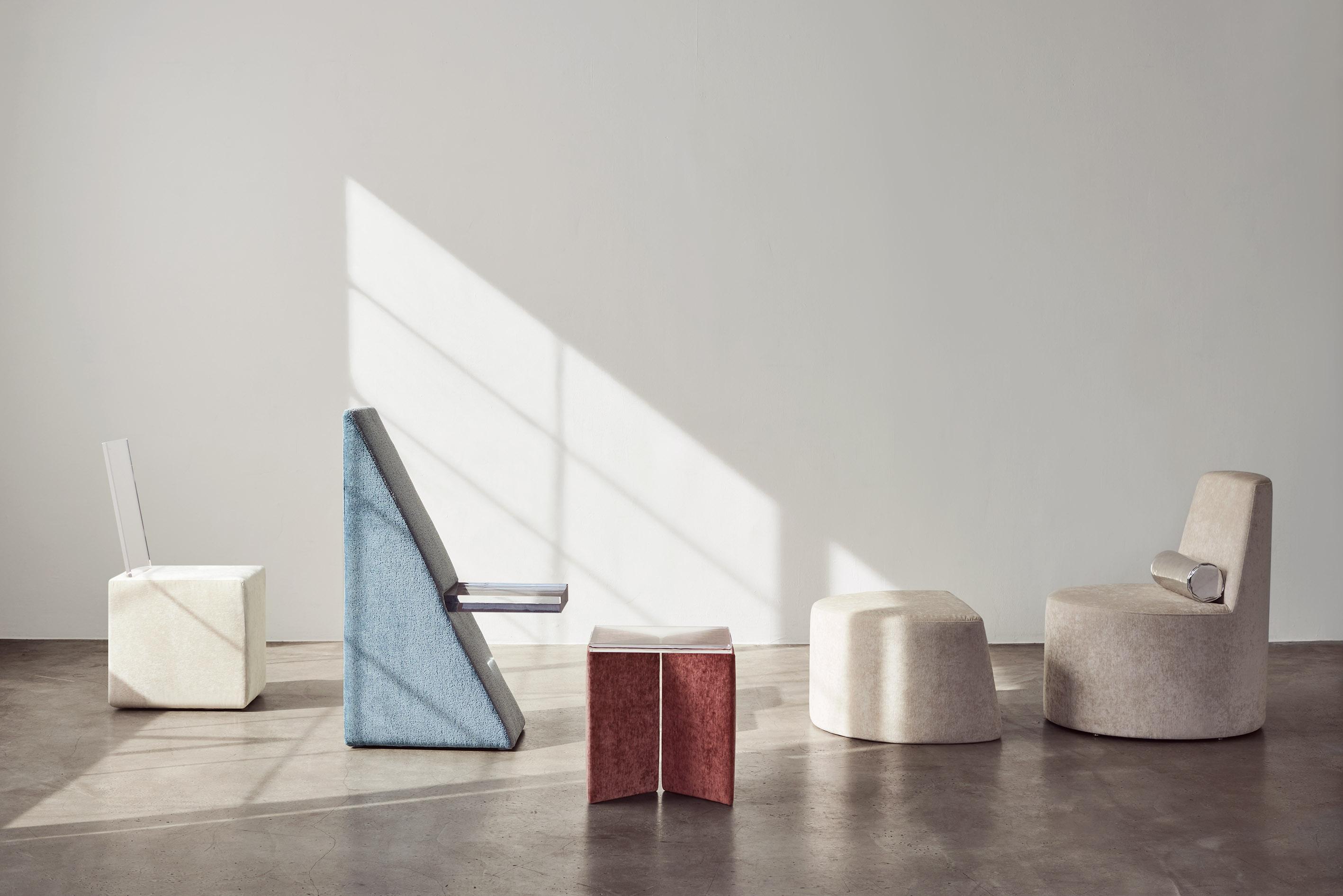 BLOC Cube Upholstered Lucite Chair in Burgundy by Caroline Chao In New Condition For Sale In New York, NY