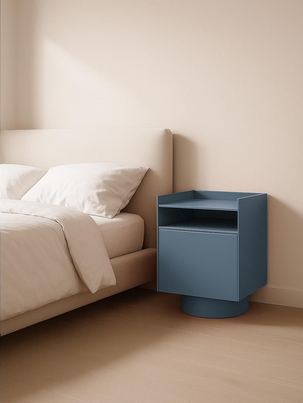 Turkish Bloc Nightstand, Handmade Metal, Minimal and Modern Look in Blue For Sale