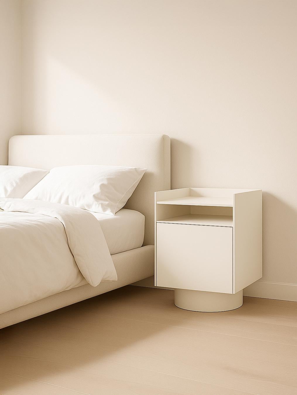 Moderno Comodino Bloc, in metallo lavorato a mano, dal look minimalista e moderno in colore bianco sporco in vendita