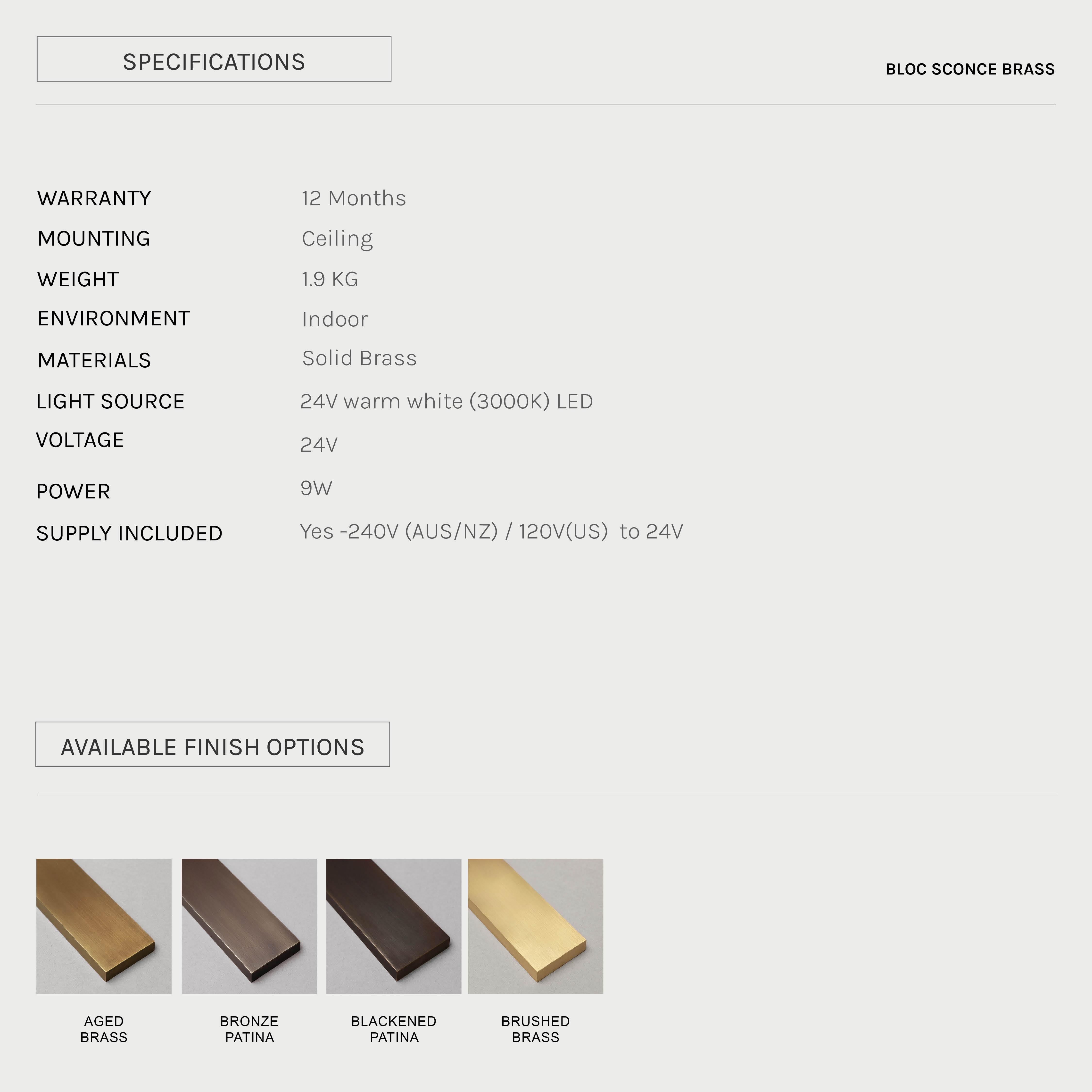 Ottone Bloc, applique a LED, ottone massiccio con patina di bronzo in vendita